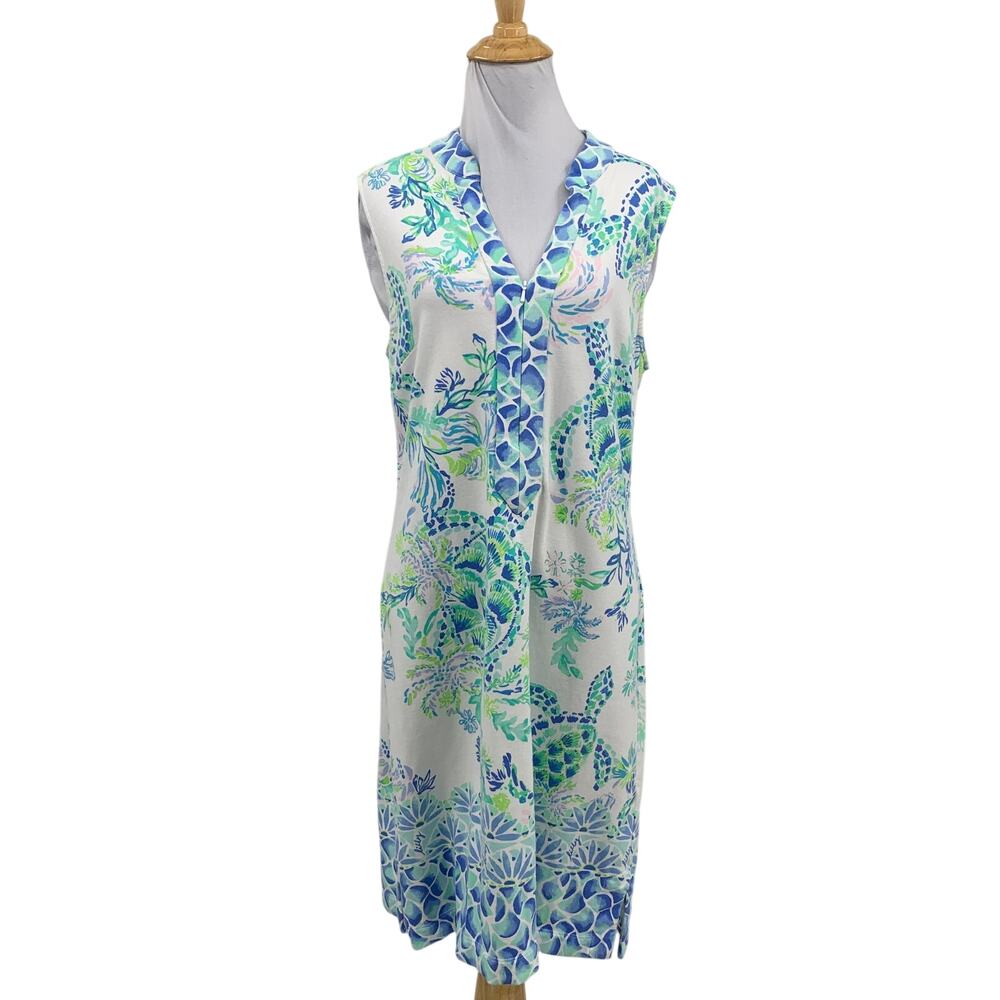 Lilly Pulitzer Dress Women L Large Multi Turtles Larsen Half Zip Placket Shift